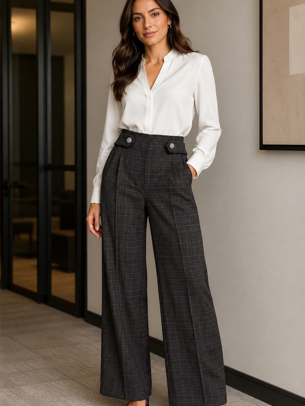 LOFT Charcoal Plaid Wide-Leg Dress Pants high waisted
